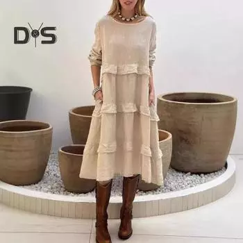 Женское платье миди с длинным рукавом, свободное многоярусное платье с оборками, повседневное весеннее платье-пуловер с круглым вырезом для отпуска на пляже S зелёный