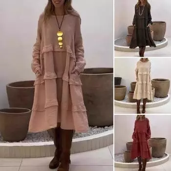 Женское платье миди с длинным рукавом, свободное многоярусное платье с оборками, повседневное весеннее платье-пуловер с круглым вырезом для отпуска на пляже S абрикосовый