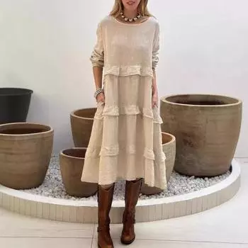 Женское платье миди с длинным рукавом, свободное многоярусное платье с оборками, повседневное весеннее платье-пуловер с круглым вырезом для отпуска на пляже S розовый