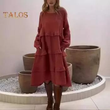 Женское платье миди с длинным рукавом, свободное многоярусное платье с оборками, повседневное весеннее платье-пуловер с круглым вырезом для отпуска на пляже S абрикосовый