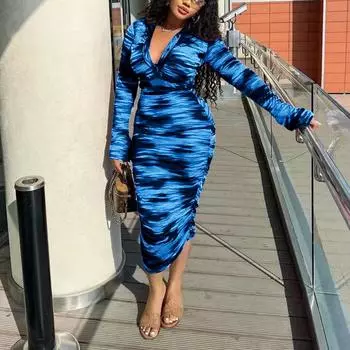 Женское платье миди с длинным рукавом и лацканами на шее, весна-осень, принт S синий