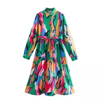 Женское платье-миди с длинными рукавами и принтом, зеленое платье-рубашка S зелёный