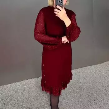 Женское платье миди с длинными сетчатыми рукавами-фонариками и оборкой в горошек M красный