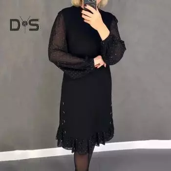 Женское платье миди с длинными сетчатыми рукавами-фонариками и оборками в горошек, свободный однотонный цвет, длиной до колена, с круглым вырезом, для женщин среднего возраста, для поездок на работу M красный