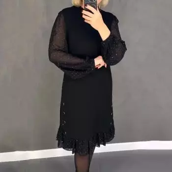 Женское платье миди с длинными сетчатыми рукавами-фонариками и оборками в горошек, свободный однотонный цвет, длиной до колена, с круглым вырезом, для женщин среднего возраста, для поездок на работу и за покупками M чёрный