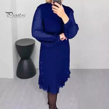 Женское платье миди с длинными сетчатыми рукавами-фонариками и оборками в горошек, свободный однотонный цвет, длиной до колена, с круглым вырезом, для женщин среднего возраста, для поездок на работу M красный