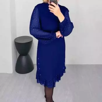 Женское платье миди с длинными сетчатыми рукавами-фонариками и оборками в горошек, свободный однотонный цвет, длиной до колена, с круглым вырезом, для женщин среднего возраста, для поездок на работу и за покупками M чёрный