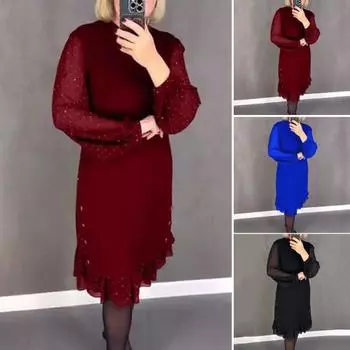 Женское платье миди с длинными сетчатыми рукавами-фонариками и оборками в горошек, свободный однотонный цвет, длиной до колена, с круглым вырезом, для женщин среднего возраста, для поездок на работу и за покупками M чёрный