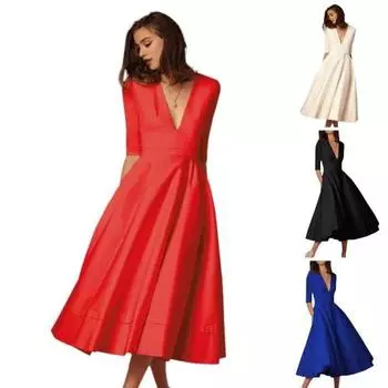 Женское платье миди с глубоким V-образным вырезом, А-силуэтом, струящимся подолом, однотонным цветным платьем с короткими рукавами, однотонным платьем для свиданий, выпускного вечера, банкета, вечернего платья S красный