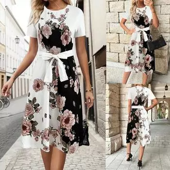 Женское платье миди с короткими рукавами, круглым вырезом, цветочным принтом, шнуровкой L белый