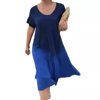 Женское платье миди с круглым вырезом и коротким рукавом, градиентного цвета, длиной до середины голени, повседневное M синий