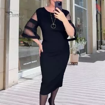 Женское платье миди с круглым вырезом и сетчатой строчкой, повседневное платье с расклешенными рукавами 3/4 и молнией сзади, элегантное офисное женское платье M чёрный