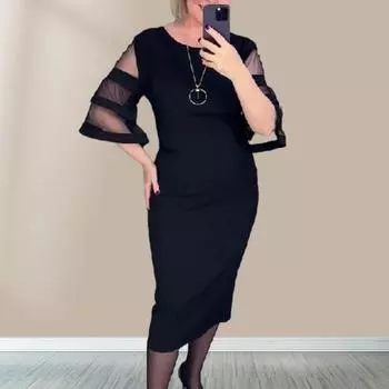 Женское платье миди с круглым вырезом и сетчатой строчкой, повседневное платье с расклешенными рукавами 3/4 и молнией сзади, элегантное офисное женское платье XL чёрный