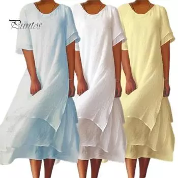 Женское платье-миди с круглым вырезом и короткими рукавами, многослойное однотонное платье с разрезом и подолом, свободное повседневное платье M светло-синий