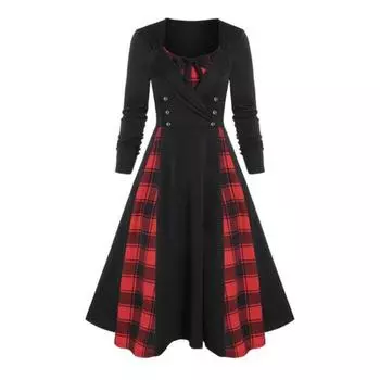 Женское платье миди с круглым вырезом и длинными рукавами, клетчатое платье с принтом, двубортный декор с бантом, конькобежный подол, вечернее платье трапециевидной формы, уличная одежда M красный