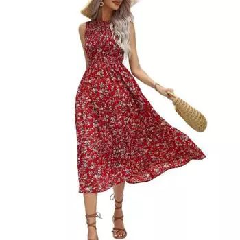 Женское платье миди с круглым вырезом и высокой талией, без рукавов, А-силуэт, большой качели S темно-синий