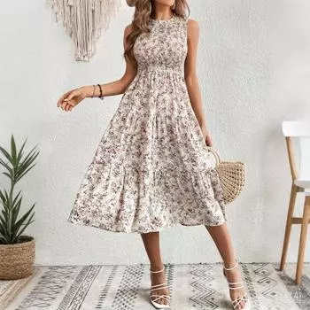 Женское платье миди с круглым вырезом и высокой талией, без рукавов, А-силуэт, большой летний крой XXL чёрный