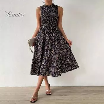 Женское платье миди с круглым вырезом, эластичной талией, без рукавов, А-силуэта, большое свободное летнее платье с цветочным принтом, пляжное платье для отпуска L чёрный