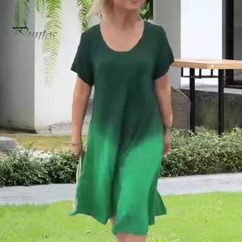 Женское платье миди с круглым вырезом и коротким рукавом, градиентного цвета, длиной до середины икры, повседневное платье свободного кроя из мягкой легкой ткани M зелёный