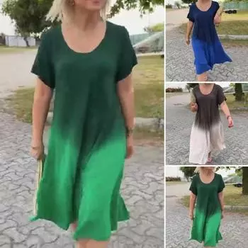 Женское платье миди с круглым вырезом и коротким рукавом, градиентного цвета, длиной до середины икры, повседневное платье свободного кроя из мягкой легкой ткани M синий