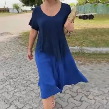 Женское платье миди с круглым вырезом и коротким рукавом, градиентного цвета, длиной до середины икры, повседневное платье свободного кроя из мягкой легкой ткани L синий