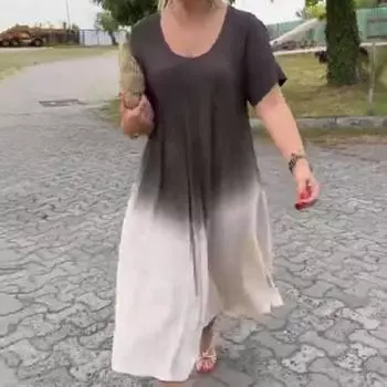 Женское платье миди с круглым вырезом и коротким рукавом, градиентного цвета, длиной до середины икры, повседневное платье свободного кроя из мягкой легкой ткани M зелёный