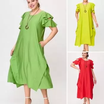 Женское платье миди с круглым вырезом, оборками, короткими рукавами, повседневное свободное платье с карманами, однотонное платье длиной до середины икры 3XL