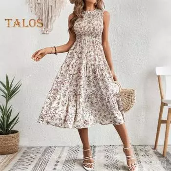 Женское платье миди с круглым вырезом, эластичной талией, без рукавов, А-силуэта, большое свободное летнее платье с цветочным принтом, пляжное платье для отпуска L белый