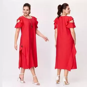 Женское платье миди с круглым вырезом, оборками, короткими рукавами, повседневное свободное платье с карманами, однотонное платье длиной до середины икры 3XL зелёный