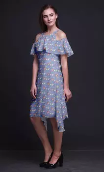 Женское платье миди с открытыми плечами Bimba синего цвета с цветочным принтом и пышной туникой с рукавами-крылышками - Large лаванда синий