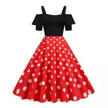 Женское платье миди с открытыми плечами в стиле ретро, лоскутное праздничное платье с оборками и рукавами в горошек, праздничное платье трапециевидной формы с высокой талией S зелёный