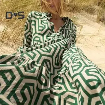 Женское платье миди с рукавами три четверти, лацканами, геометрическим принтом, контрастным цветом, А-силуэтом, свободным подолом, женское платье в стиле пэчворк длиной до середины голени L зелёный