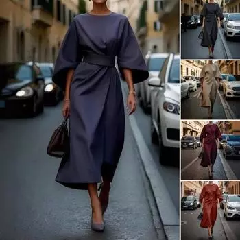 Женское платье миди с рукавами три четверти «летучая мышь», облегающее, с высокой талией, однотонное, с круглым вырезом, длинное платье, летнее, весеннее, выпускное, вечернее ... XL серый