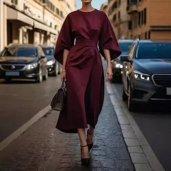 Женское платье миди с рукавами три четверти «летучая мышь», облегающее, с высокой талией, однотонное, с круглым вырезом, длинное платье, летнее, весеннее, выпускное, вечернее ... XL армия зеленый