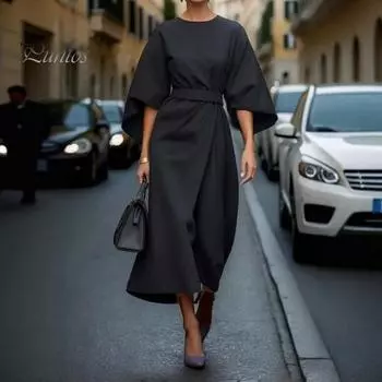 Женское платье миди с рукавами три четверти «летучая мышь», облегающее, с высокой талией, однотонное, с круглым вырезом, длинное платье, летнее, весеннее, выпускное, вечернее ... XL серый