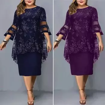 Женское платье миди с шикарными расклешенными рукавами плюс размер, однотонное вязаное облегающее платье для вечерней вечеринки L темно-синий