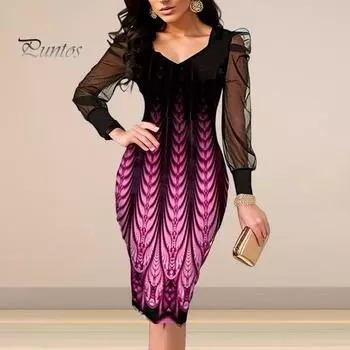 Женское платье миди с V-образным вырезом и прозрачной сеткой с длинными рукавами-пузырями, облегающее платье с принтом длиной до колена, большие размеры, официальное повседневное облегающее платье на весну и осень 4XL красный