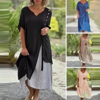 Женское платье миди с v-образным вырезом и половиной рукавом, декор на пуговицах, асимметричное, поддельное, из двух частей, дизайн, струящийся подол, свободное платье, уличная одежда XL хаки