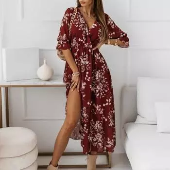 Женское платье миди с v-образным вырезом и половиной рукавом, шифоновое платье с высокой эластичной резинкой на талии и боковым разрезом, шифоновое платье с цветочным принтом, летнее платье трапециевидной формы S зелёный