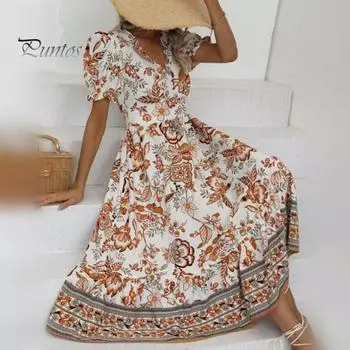 Женское платье миди с V-образным вырезом и короткими рукавами-фонариками в тон с цветочным принтом, с высокой узкой талией, трапециевидной формы, с большими качелями, для отпуска, выпускного вечера, летнего платья миди S красный