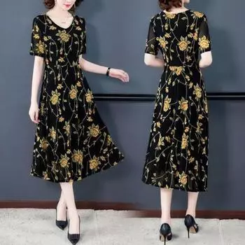 Женское платье миди с v-образным вырезом и цветочным принтом, большие размеры, свободный подол, с коротким рукавом, тонкое, мягкое, трапециевидной формы, до середины икры, платье для мамы 2XL чёрный