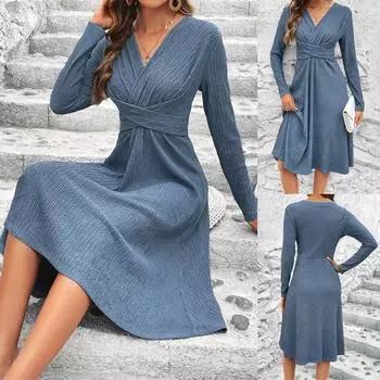 Женское платье миди с v-образным вырезом и длинными рукавами. Женские облегающие коктейльные платья для вечеринок. S синий