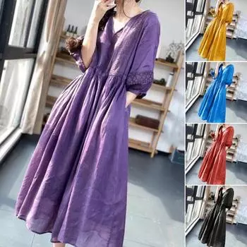 Женское платье миди с v-образным вырезом, кружевное лоскутное однотонное платье с объемными рукавами, свободные плиссированные мягкие рукава с половиной рукава, большой подол, женское платье для свиданий и выпускного вечера 2XL темно-фиолетового