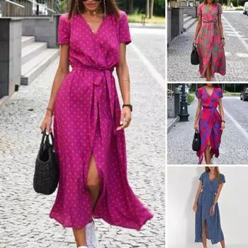 Женское платье миди с v-образным вырезом и цветочным принтом, с коротким рукавом, с разрезом на узкой талии, летнее пляжное платье на шнуровке с высокой талией, женская одежда L розовый