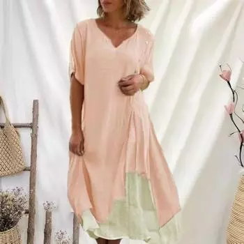 Женское платье миди с v-образным вырезом и половиной рукавом, декор на пуговицах, асимметричное, поддельное, из двух частей, дизайн, струящийся подол, свободное платье, уличная одежда L хаки