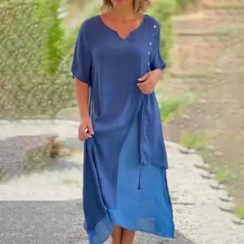 Женское платье миди с v-образным вырезом и половиной рукавом, декор на пуговицах, асимметричное, поддельное, из двух частей, дизайн, струящийся подол, свободное платье, уличная одежда L хаки