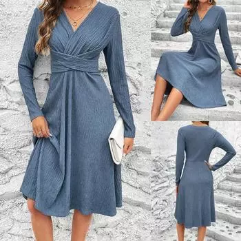 Женское платье миди с V-образным вырезом, женское коктейльное платье с длинным рукавом, свинг-платье S синий