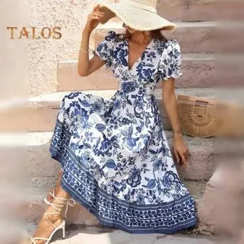 Женское платье миди с V-образным вырезом и короткими рукавами-фонариками в тон с цветочным принтом, с высокой узкой талией, трапециевидной формы, с большими качелями, для отпуска, выпускного вечера, летнего платья миди S красный