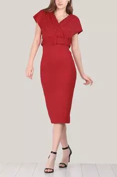 Женское платье миди с V-образным вырезом и жемчугом с поясом