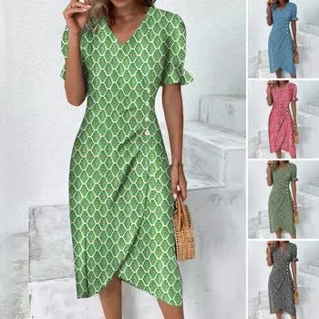 Женское платье миди с v-образным вырезом и рюшами и буфами с короткими рукавами и пуговицами на талии, летнее милое платье миди с цветочным принтом XL розы красного